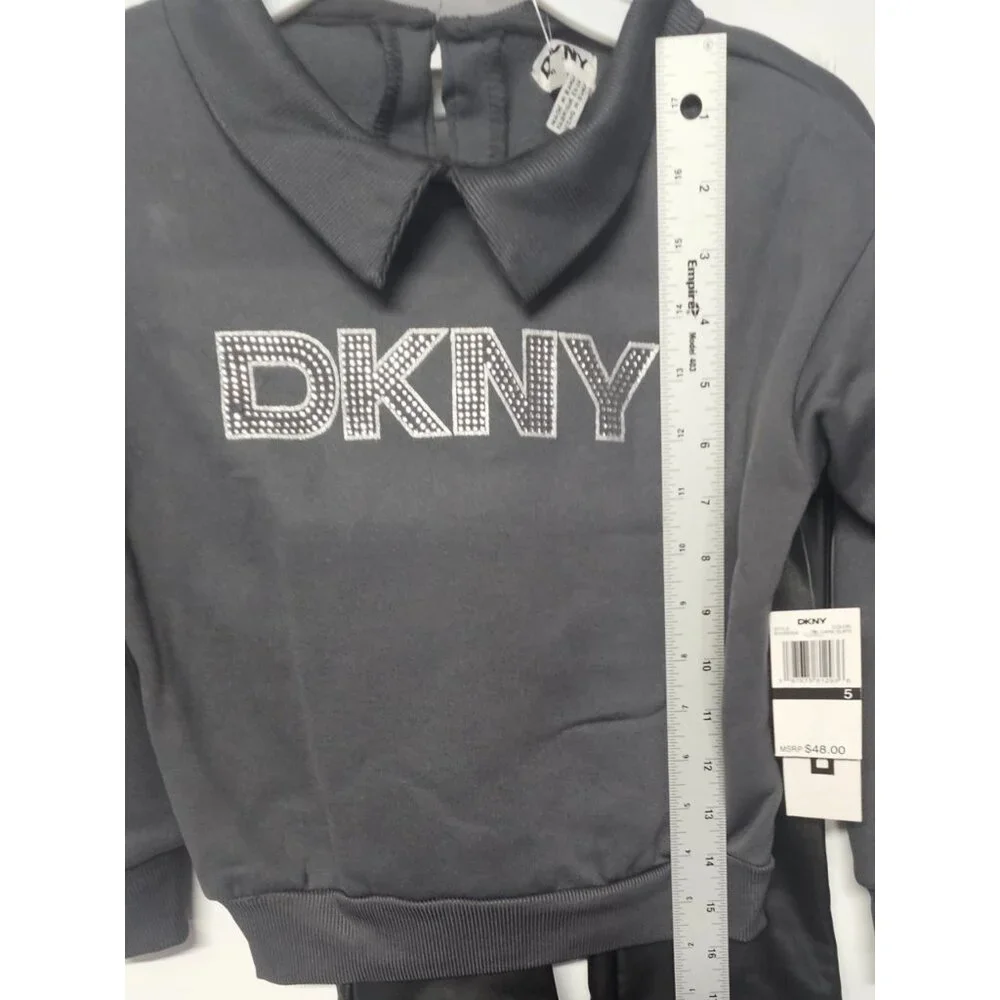 DKNY Girls S- 5‎ 2Pc Outfit, Sparkling Stone Logo Sweatshirt, Black Flared Pants